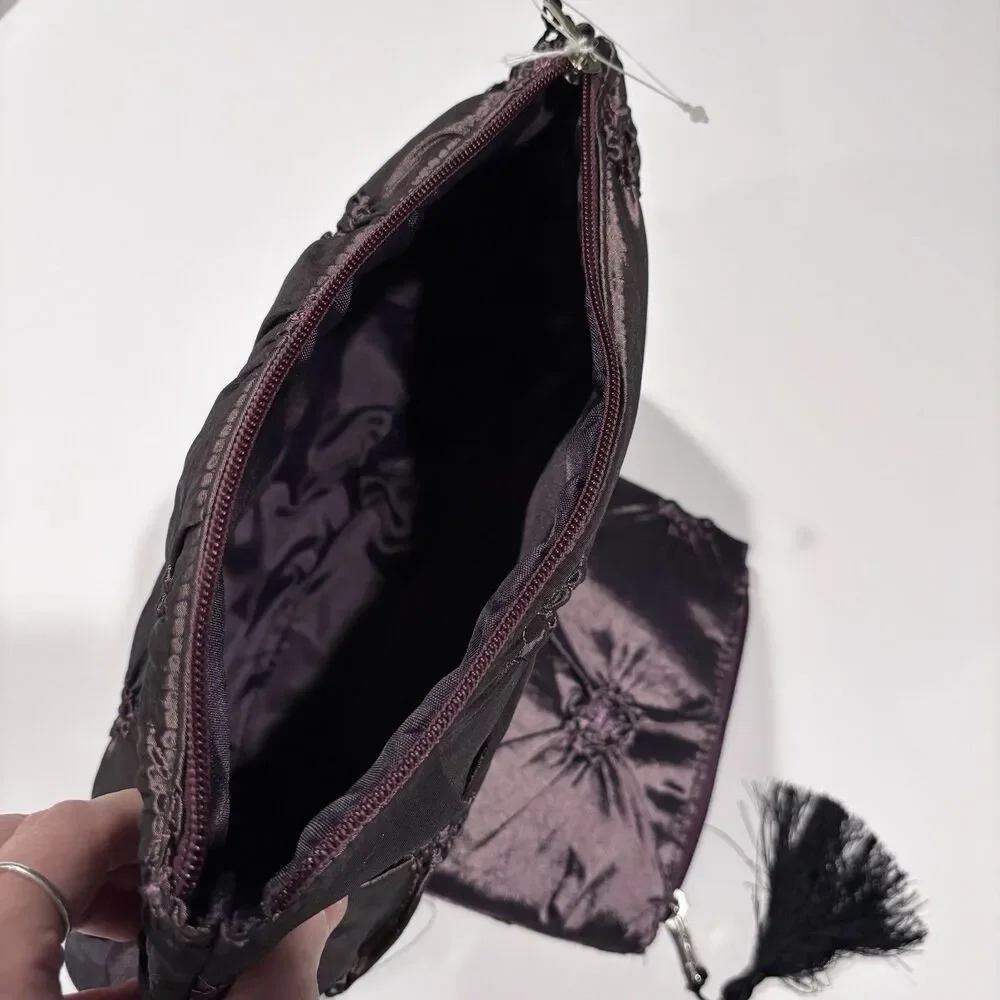 Purple Satin Pintuck Cosmetic Makeup Travel Bag Set 2 Pieces Tassel Zipper NWOT